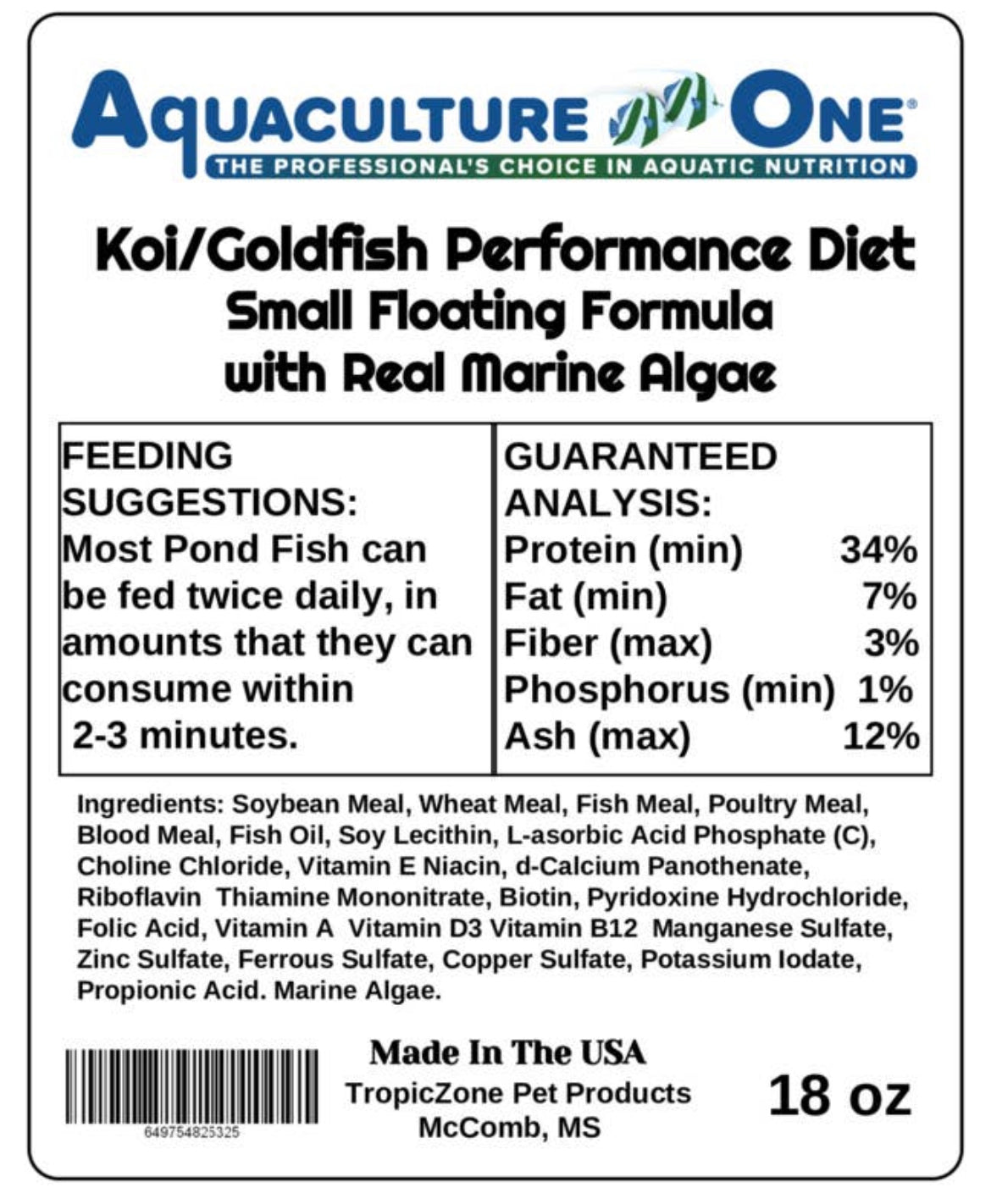 Aquaculture-One Sm Diet para Goldfish/Koi con algas naturales